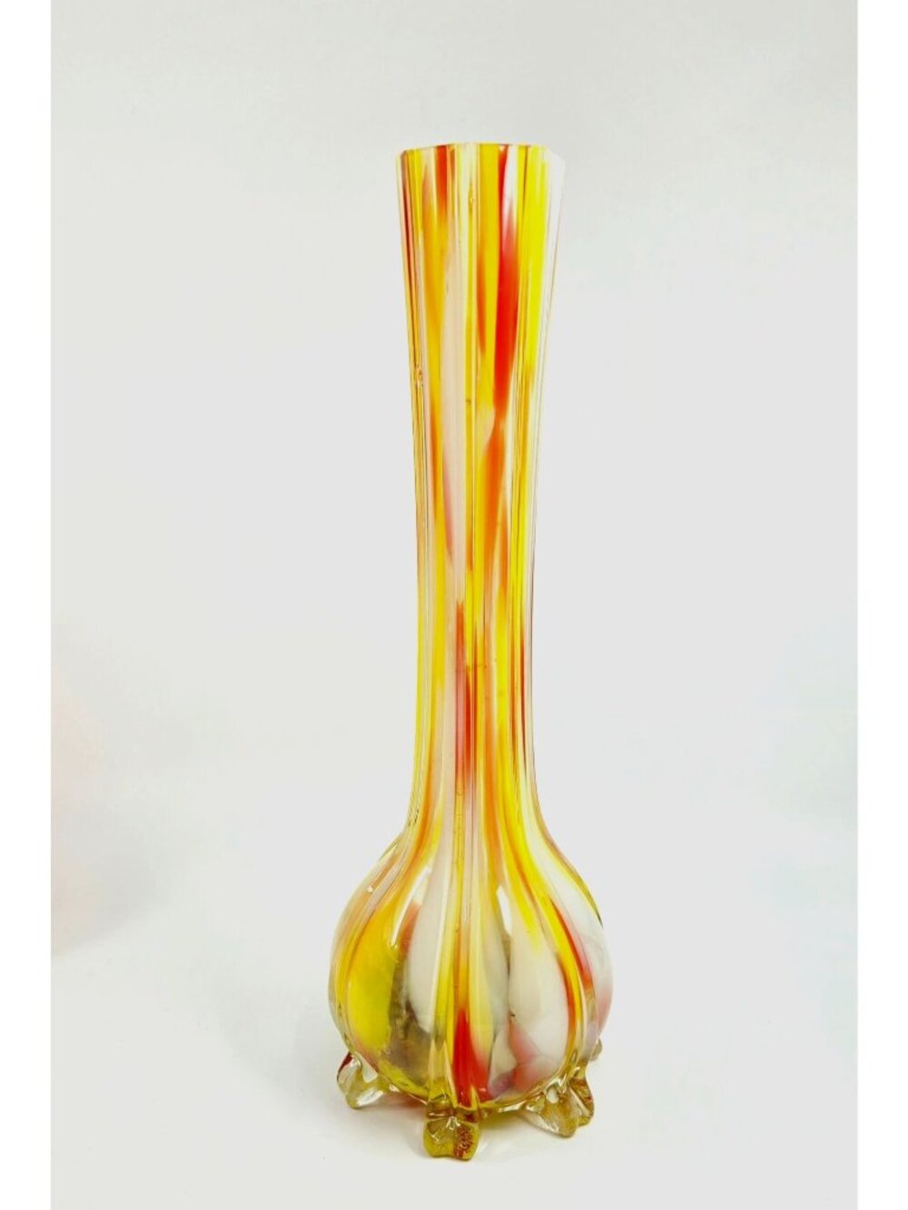 Vase Czech Welz, Hand-Blown Art Glass Vase Yellow & Red Stripes 10 Inches